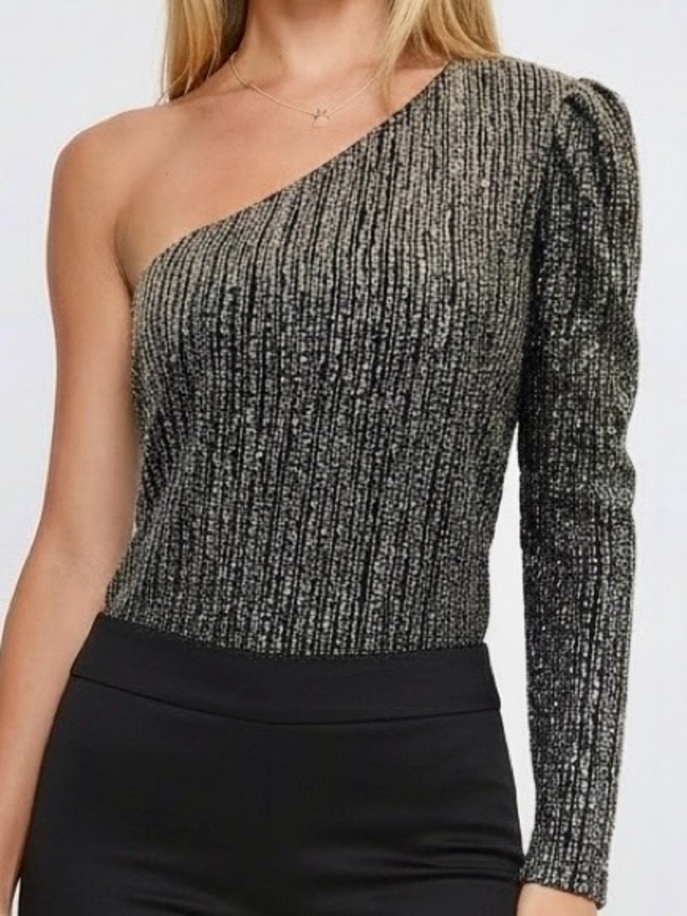 Parker Silver & Black One-Shoulder Sequin Beaded Women’s Dress Top Size S🩶🖤